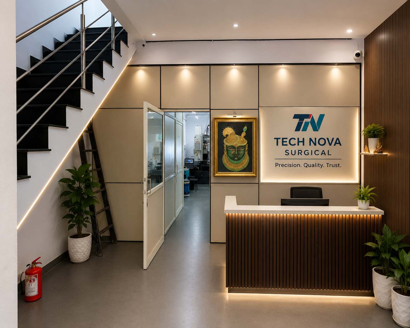 Wireframe illustration of the Tech Nova Surgical manufacturing facility